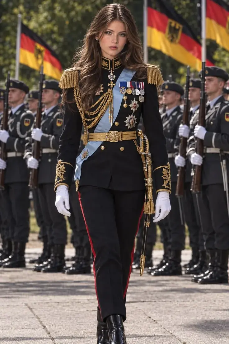 Ceremonial Military Dress Uniform Reference | ZESTLET A person wearing a black ceremonial uniform with gold braid, epaulettes, a blue sash and medals.