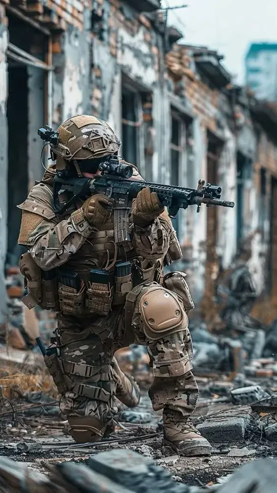 Military Camouflage Uniform Reference | ZESTLET A person in camouflage clothing, a helmet and tactical equipment kneeling in an urban setting.