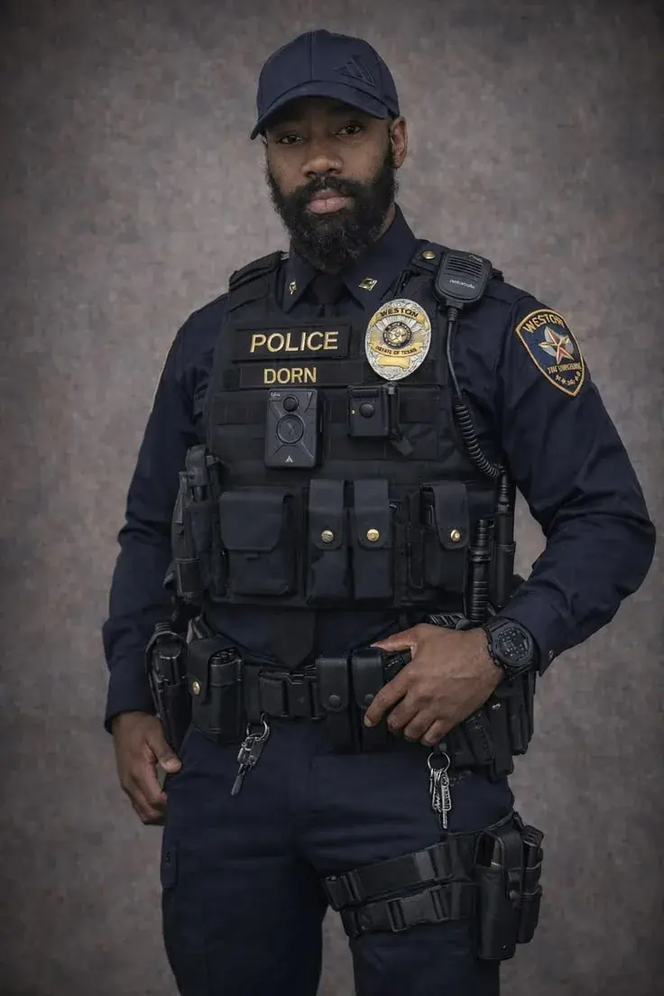 Police and Security Uniform Reference | ZESTLET A person wearing a navy police uniform, cap, equipment vest and utility belt.