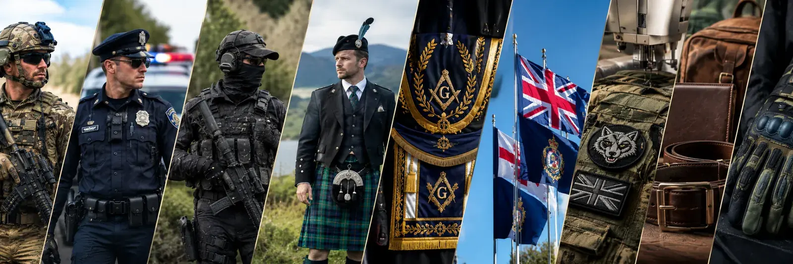 Military, Police & Highland Apparel and Tactical Accessories | ZESTLET Collage of military, police and tactical uniforms, Highland dress, Masonic regalia, flags, patches, leather accessories and gloves.