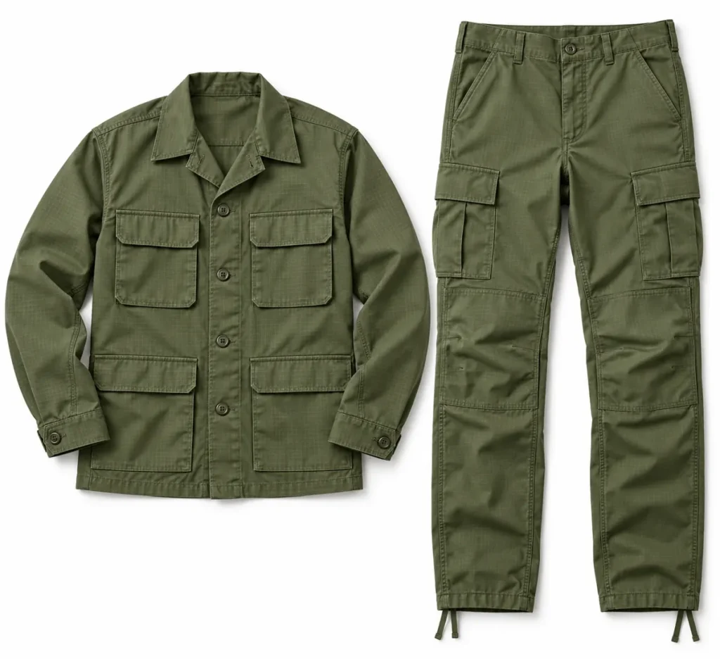 Olive BDU-style field jacket and cargo trousers, design reference