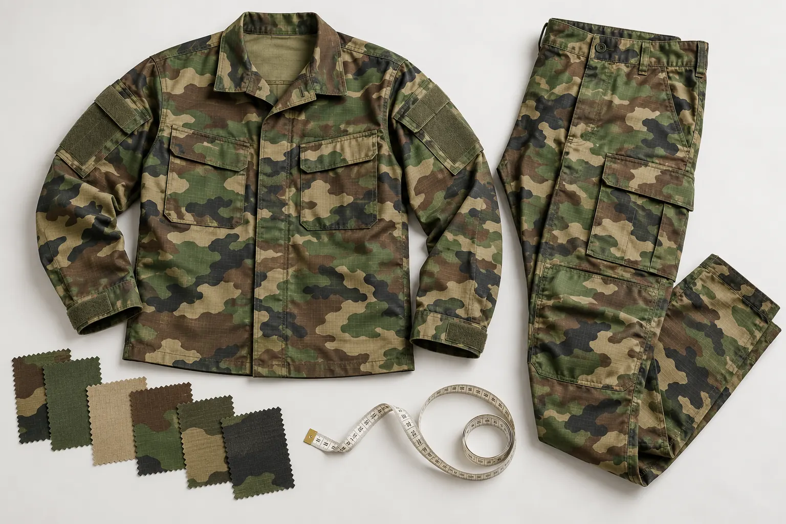 Generic camouflage combat jacket and trousers with fabric swatches