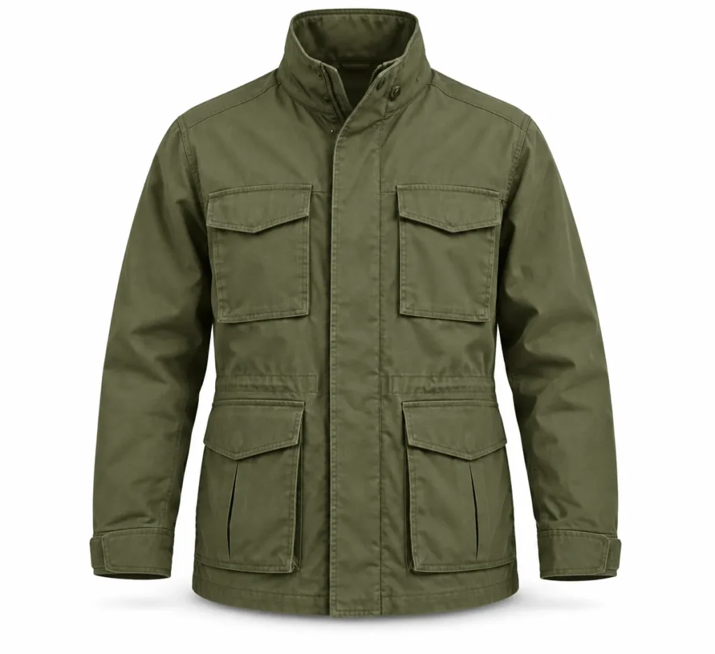 Illustration of an olive field jacket with four pockets, front view