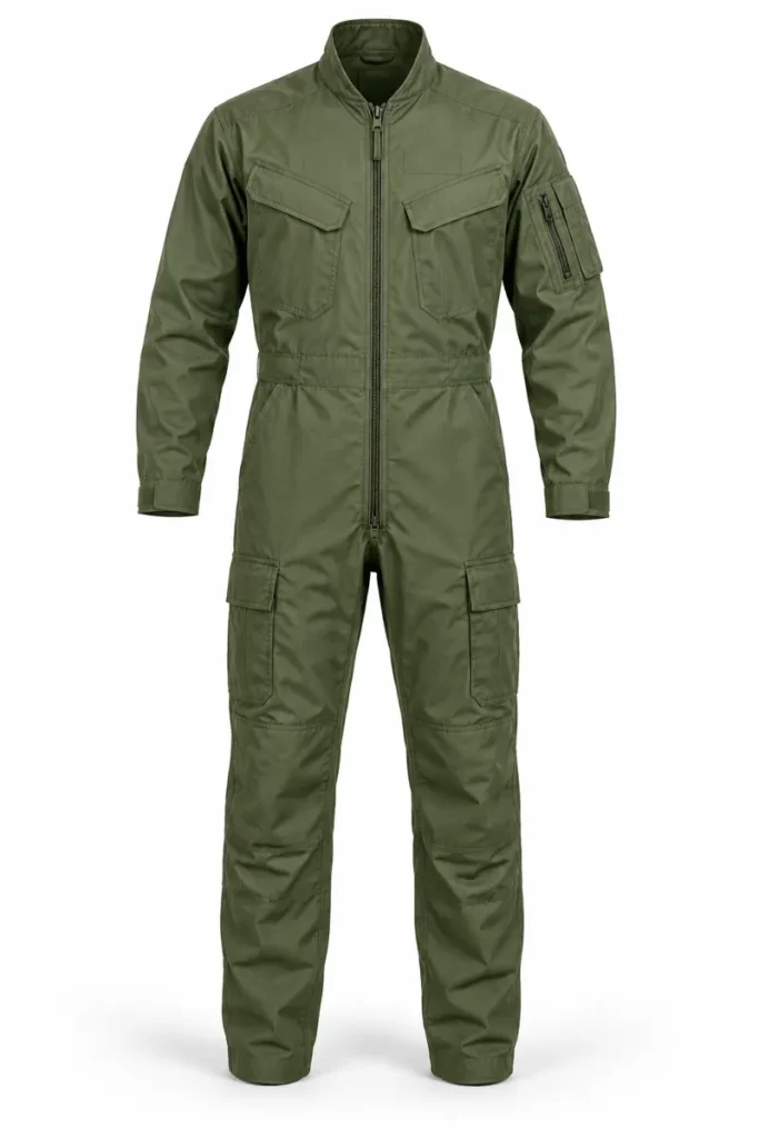 Illustration of an olive one-piece flight-style coverall with zip front and utility pockets