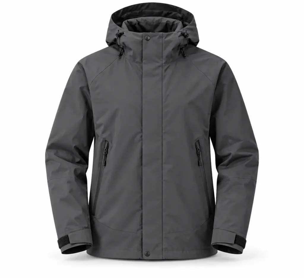 Illustration of charcoal hooded hardshell jacket with zip pockets