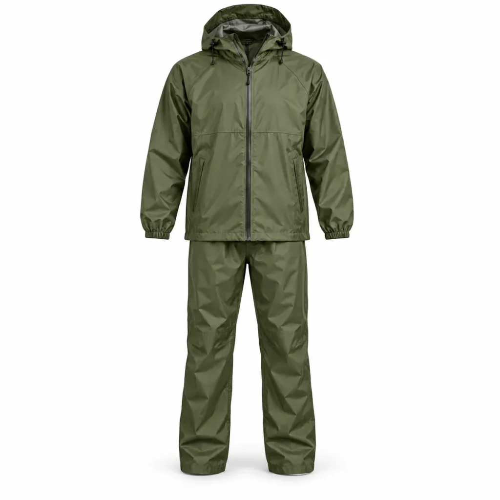 Illustration of olive hooded rain jacket and matching trousers, front view