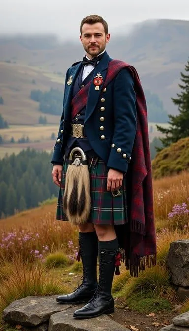 Scottish Highland Kilt and Formal Dress | ZESTLET A person in Scottish Highland dress with a tartan kilt, dark jacket, sporran and shoulder plaid.