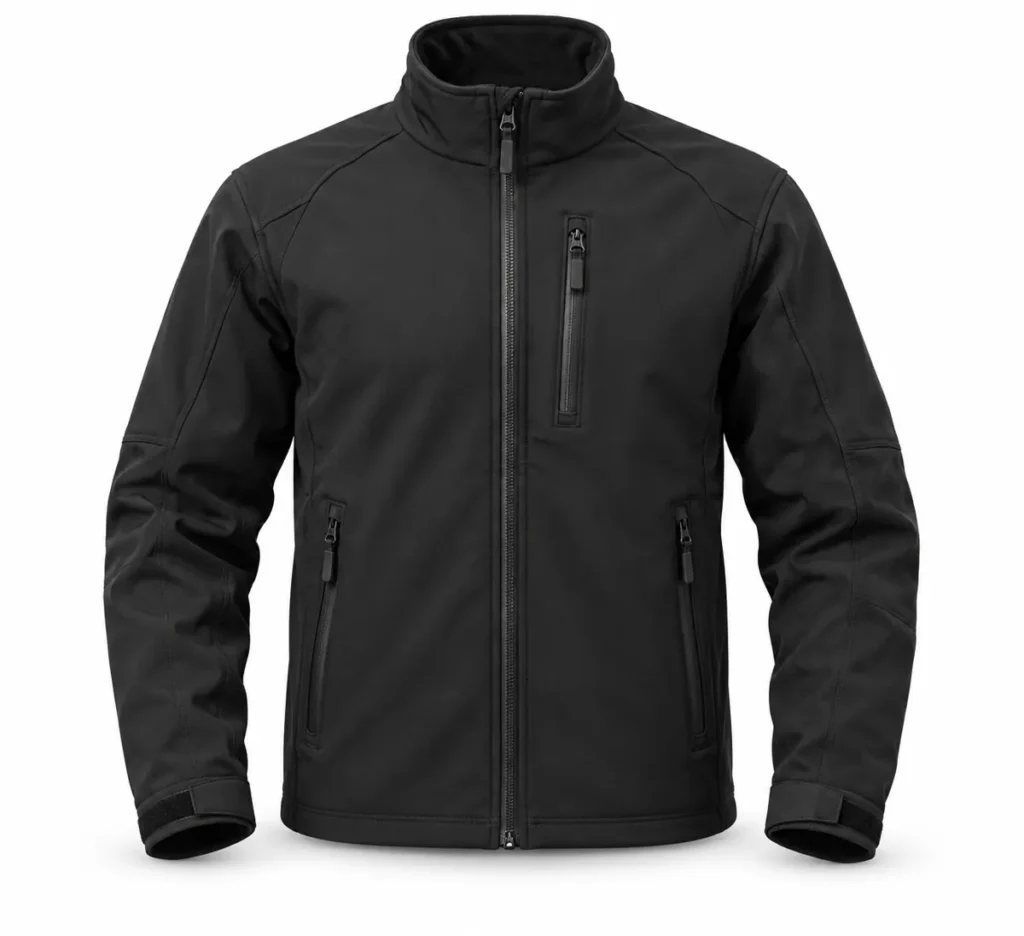 Illustration of black softshell jacket with zip pockets, front view