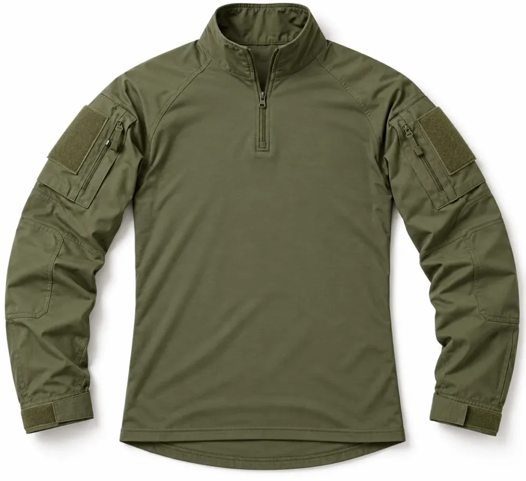 Olive tactical combat shirt with zip collar and upper-arm pockets, design reference