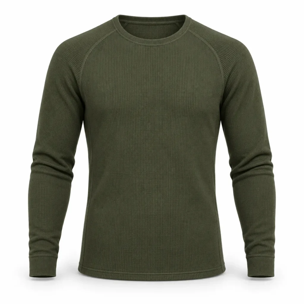 Illustration of olive long-sleeve thermal base layer top, front view