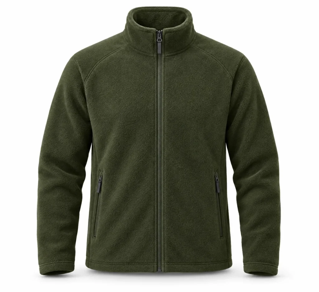 Illustration of olive fleece jacket with zip pockets, front view