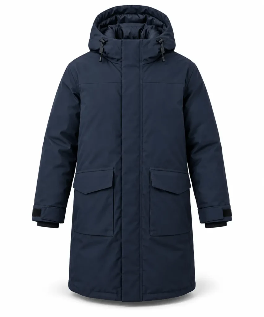 Illustration of a navy hooded winter parka with flap pockets
