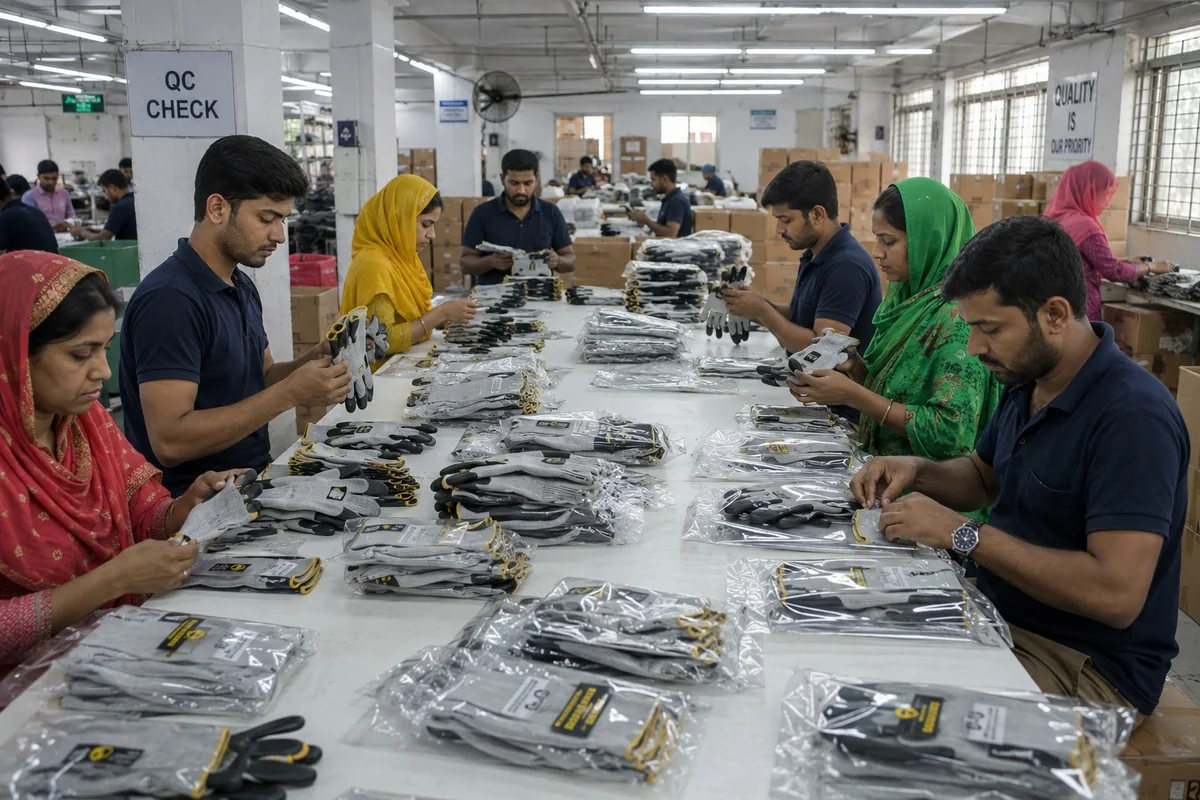 Work Glove Quality Inspection and Packing Workers inspecting grey work gloves and arranging packaged pairs on a long table.