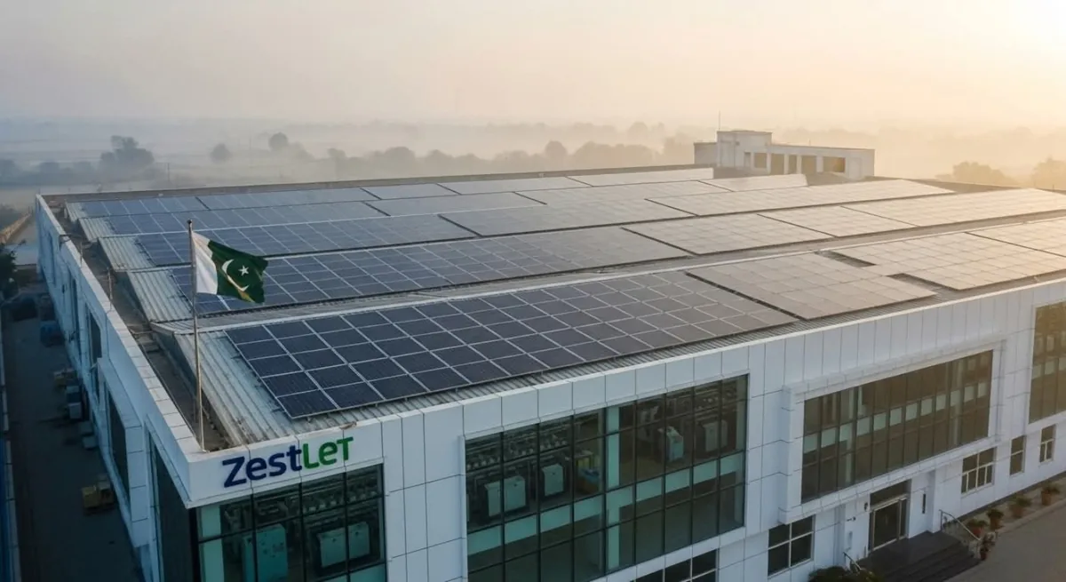 ZESTLET Building with Rooftop Solar Panels A building marked Zestlet with rooftop solar panels and a Pakistan flag.