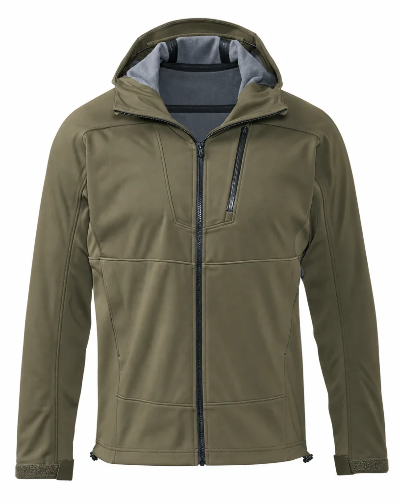 Hooded Hybrid Hunting Softshell Jacket design reference, front view