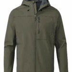 Hooded hunting softshell jacket design reference, olive-grey front