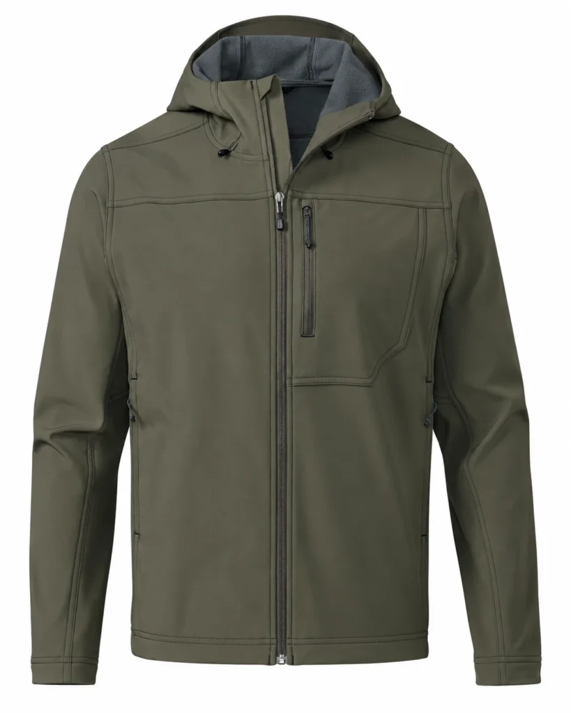 Hooded hunting softshell jacket design reference, olive-grey front