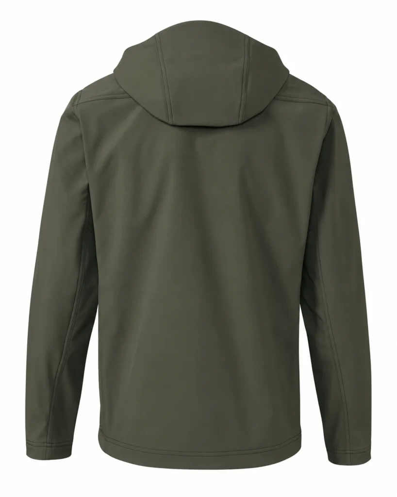 Hooded hunting softshell jacket design reference, olive-grey back