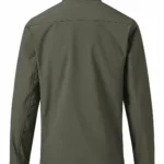 Olive-grey stand collar hunting softshell jacket, back design view