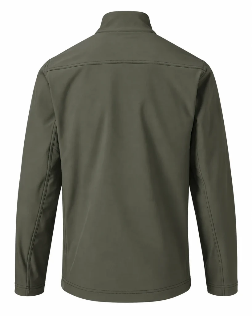 Olive-grey stand collar hunting softshell jacket, back design view