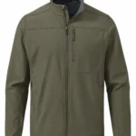 Olive-grey stand collar hunting softshell jacket, front design view
