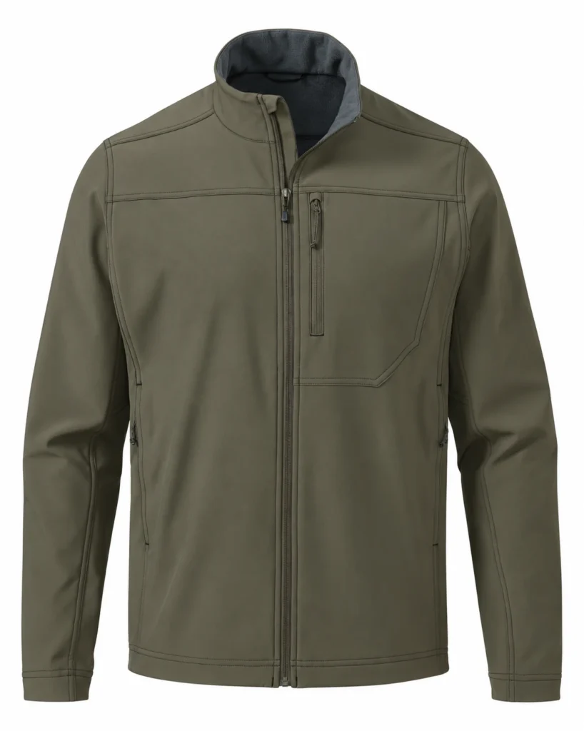 Olive-grey stand collar hunting softshell jacket, front design view