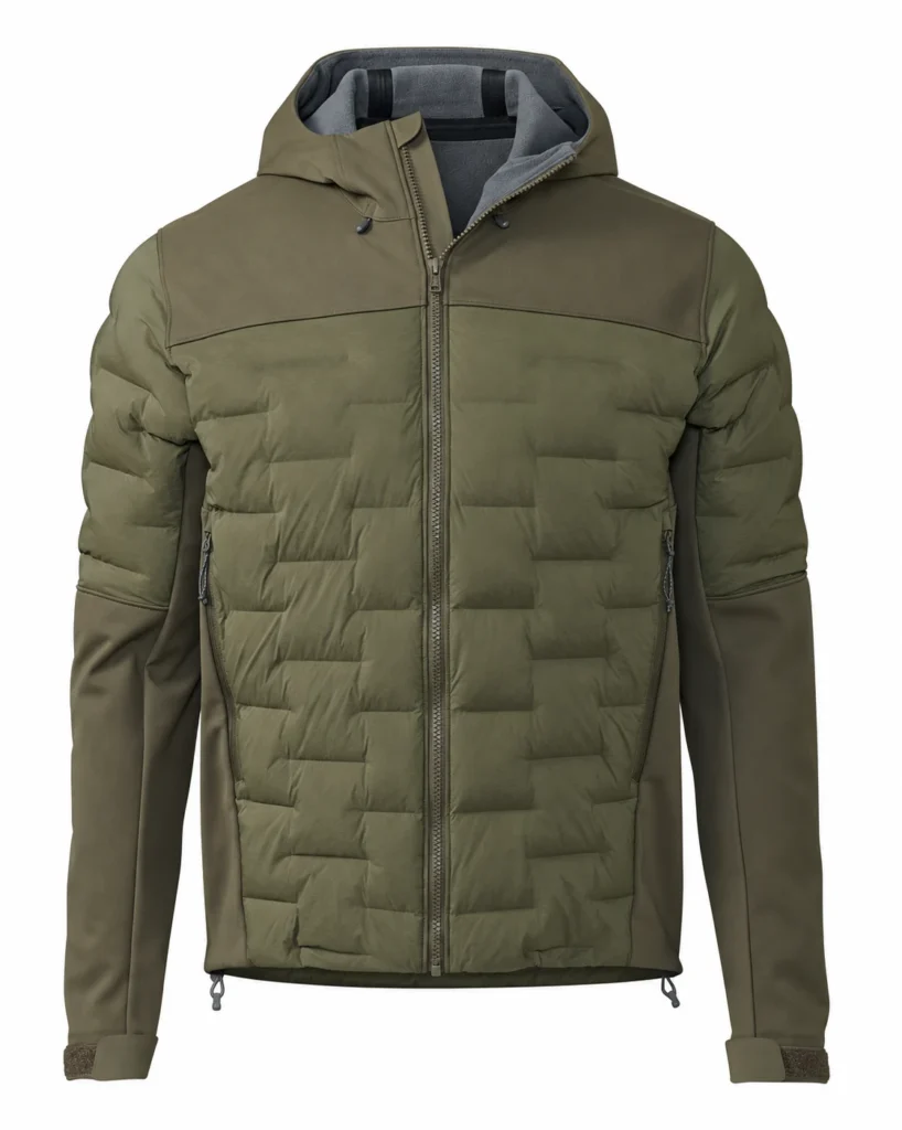 Thermal Hybrid Hooded Hunting Jacket design reference, front view